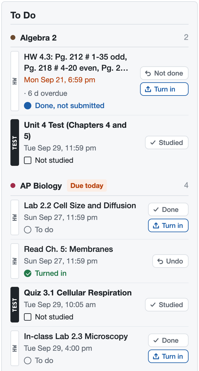 Dewey's To Do column on Schoology's home page, grouped by class, with Done, Turn in and Undo buttons