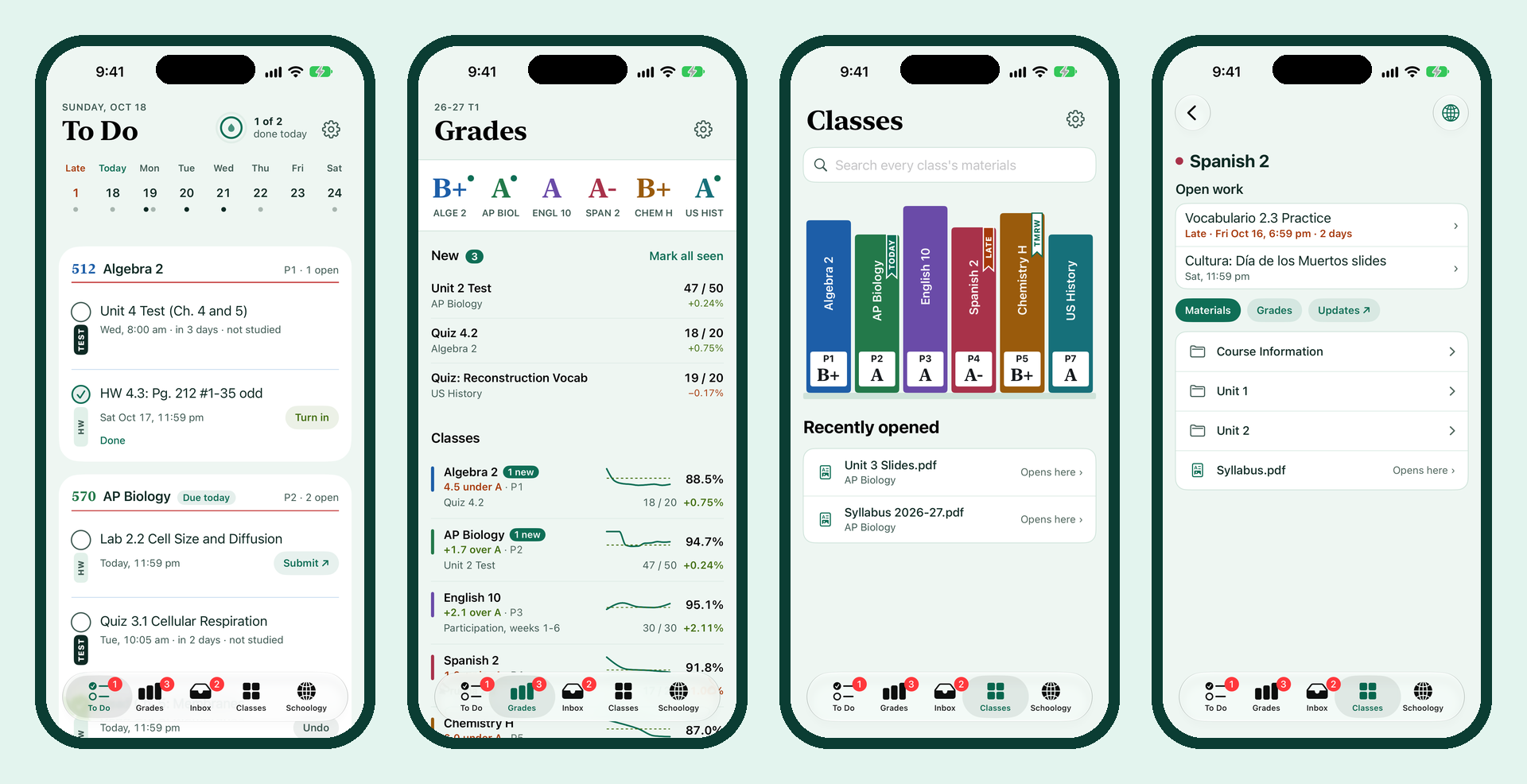 Dewey on a phone: To Do, Grades, the Classes shelf and a class's page